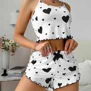 Women Backless Heart Print Shorts Set