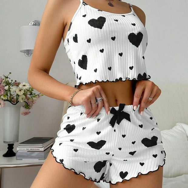 Women Backless Heart Print Shorts Set