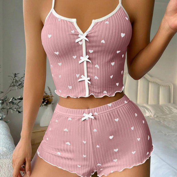 Women Backless Heart Print Shorts Set 