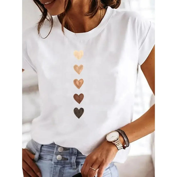 Love Heart Print Women Summer T Shirt Casual Style