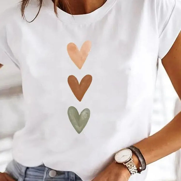 Love Heart Print Women Summer T Shirt Casual Style