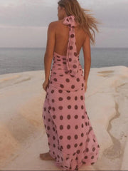 Pink Chiffon Polka Dot Printing Halter