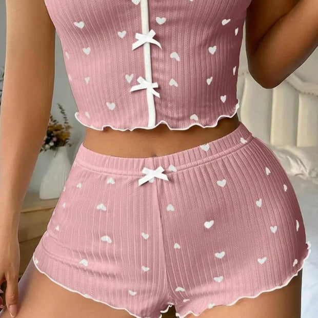 Women Backless Heart Print Shorts Set