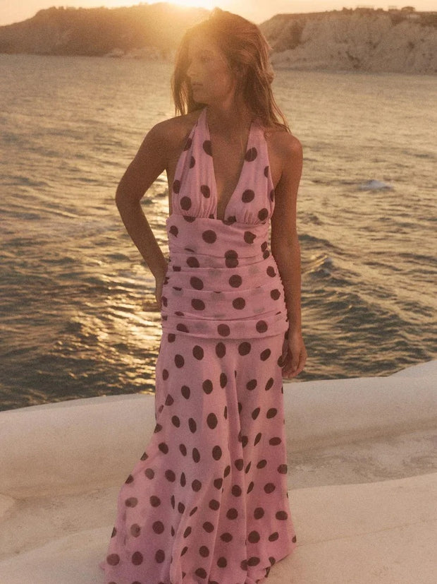 Pink Chiffon Polka Dot Printing Halter