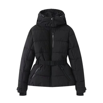 UNIZERA womens skiing wear black insulated jacket with hood and belt for winter sportsUNIZERA womens skiing wear