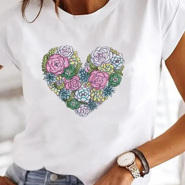 Love Heart Print Women Summer T Shirt Casual Style