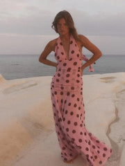 Pink Chiffon Polka Dot Printing Halter