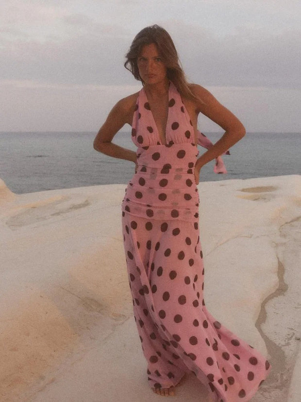 Pink Chiffon Polka Dot Printing Halter