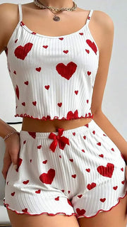 Women Backless Heart Print Shorts Set Summer Outfit