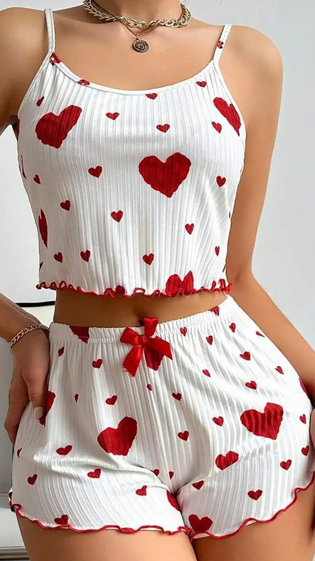 Women Backless Heart Print Shorts Set Summer Outfit