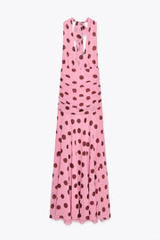 Pink Chiffon Polka Dot Printing Halter