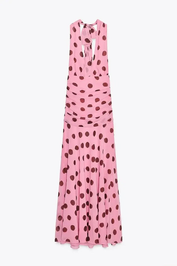 Pink Chiffon Polka Dot Printing Halter
