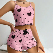 Women Backless Heart Print Shorts Set